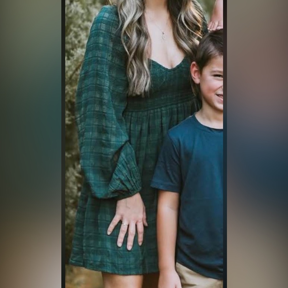 Green Plaid Long Sleeve Dress